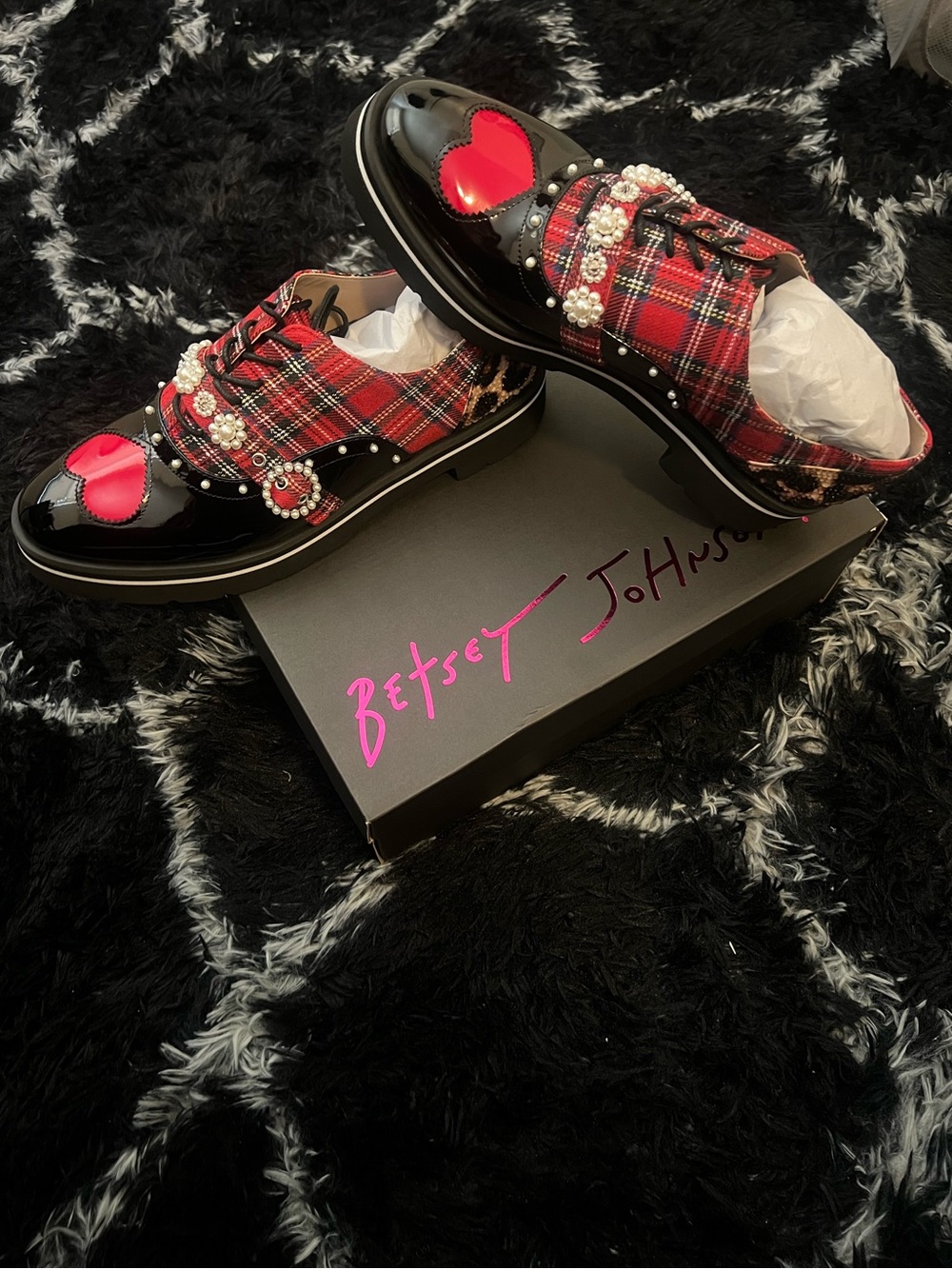 Betsey Johnson Simonee - Red Plaid Patent Oxford Loafers - 10 - Picture 9 of 10